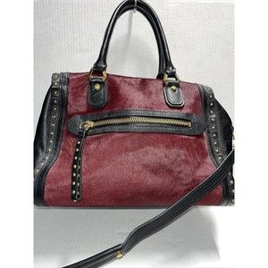 orYANY Brenda Burgundy CalfHair Leather Studded Speedy Satchel Shoulder Bag $535